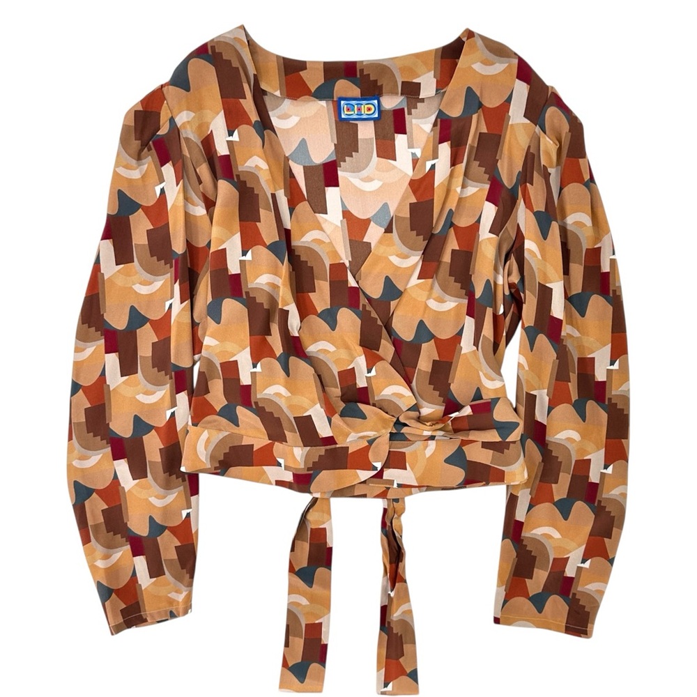 LHD Brown Geometric Print Long Sleeve Lightweight Silk Wrap Blouse Shirt Top